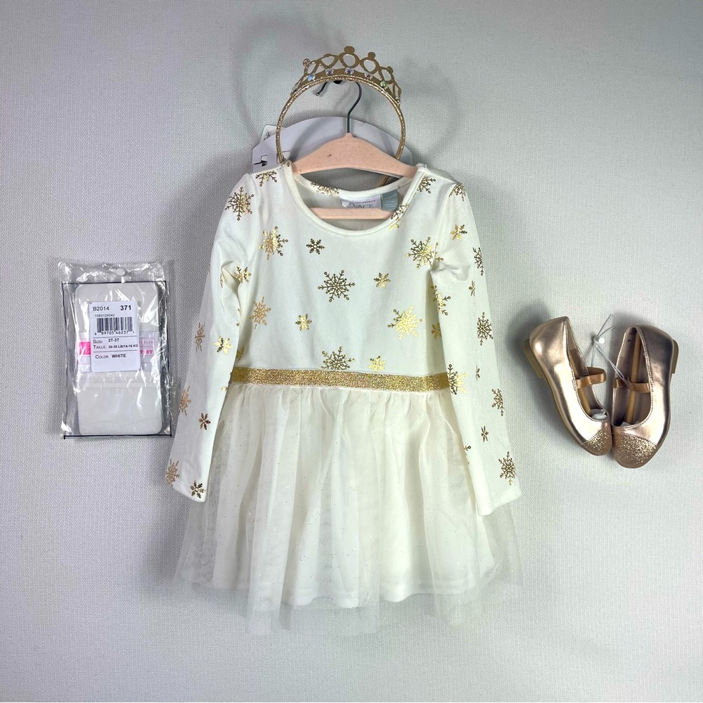New Toddler Girl 2T Winter Outfit Gold Snowflake Knit Dress, Crown Tight Shoes7c